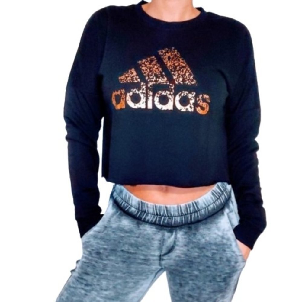 Adidas Graphic Cropped Crewneck Sweatshirt Gold Foil Logo Size XL Raw Hemline